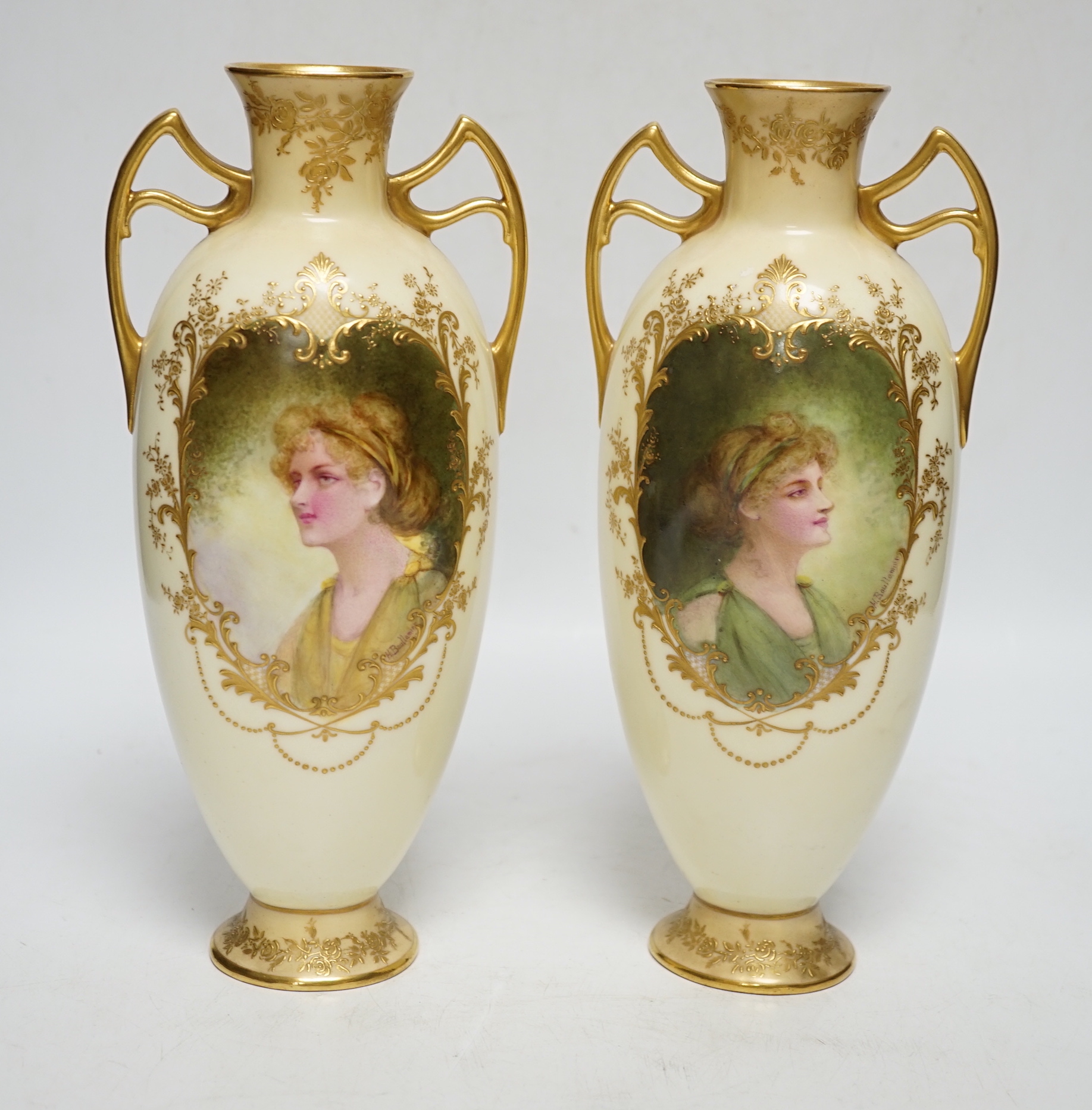 A pair of Royal Doulton vases painted with female portraits, by Henri Boullemier, 25.5cm